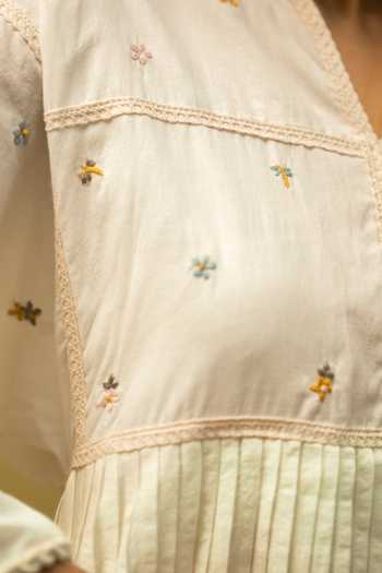 Shop_Vaani Beswal_Ivory Cotton Split V-neck Hayflield Handwoven Dress 