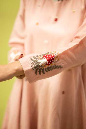 Vaani Beswal_Pink Cotton Round Neck Velora Floral Embroidered Dress _Online_at_Aza_Fashions