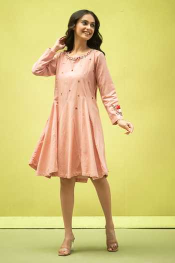 Buy_Vaani Beswal_Pink Cotton Round Neck Velora Floral Embroidered Dress _Online_at_Aza_Fashions