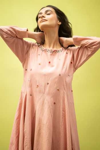 Shop_Vaani Beswal_Pink Cotton Round Neck Velora Floral Embroidered Dress _Online_at_Aza_Fashions
