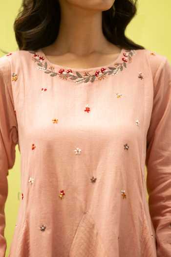 Buy_Vaani Beswal_Pink Cotton Round Neck Velora Floral Embroidered Dress 