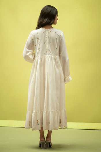 Vaani Beswal_Ivory Cotton Round Neck Twilight Handwoven Dress _Online_at_Aza_Fashions