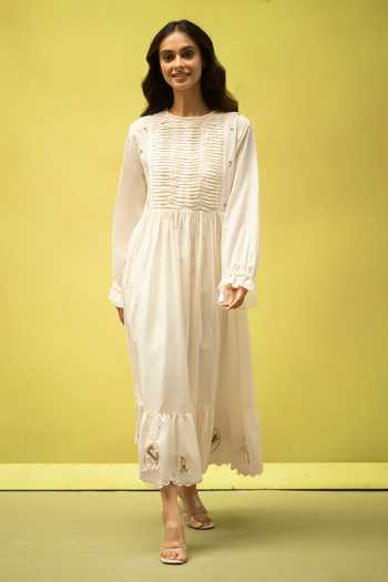 Buy_Vaani Beswal_Ivory Cotton Round Neck Twilight Handwoven Dress _Online_at_Aza_Fashions