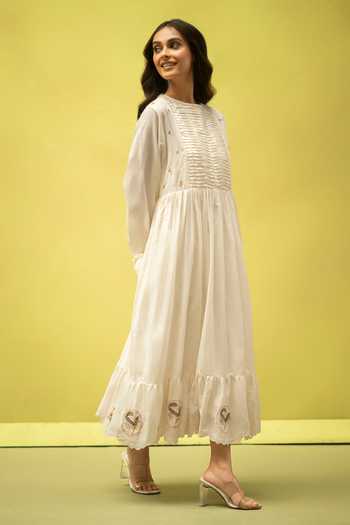 Shop_Vaani Beswal_Ivory Cotton Round Neck Twilight Handwoven Dress _Online_at_Aza_Fashions