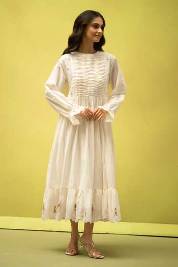 Vaani Beswal_Ivory Cotton Round Neck Twilight Handwoven Dress _at_Aza_Fashions