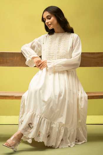 Shop_Vaani Beswal_Ivory Cotton Round Neck Twilight Handwoven Dress 