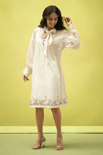 Vaani Beswal_Ivory Cotton Mandarin Collar Covelight Handwoven Dress _Online_at_Aza_Fashions