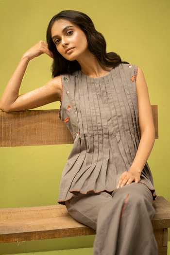 Shop_Vaani Beswal_Grey Cotton Round Neck Farmhouse Handwoven Top And Pant Set _Online_at_Aza_Fashions