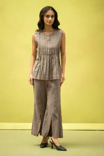 Vaani Beswal_Grey Cotton Round Neck Farmhouse Handwoven Top And Pant Set _at_Aza_Fashions