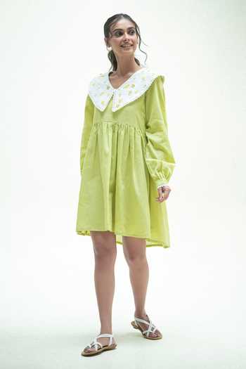 Shop_Vaani Beswal_Green Cotton V-neck Waddler Handwoven Short Dress _Online_at_Aza_Fashions