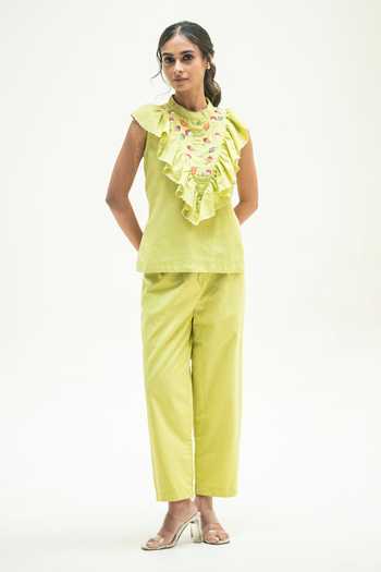 Buy_Vaani Beswal_Green Cotton High Neck Furrow Handwoven Top And Pant Set _Online_at_Aza_Fashions