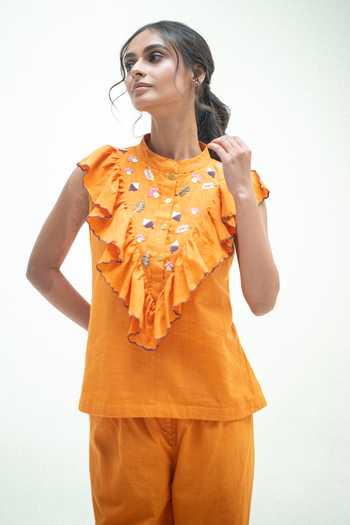 Buy_Vaani Beswal_Orange Cotton Mandarin Collar Furrow Handwoven Top And Pant Set _Online_at_Aza_Fashions