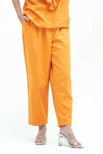 Shop_Vaani Beswal_Orange Cotton Mandarin Collar Furrow Handwoven Top And Pant Set _Online_at_Aza_Fashions