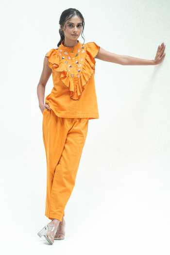 Vaani Beswal_Orange Cotton Mandarin Collar Furrow Handwoven Top And Pant Set _at_Aza_Fashions