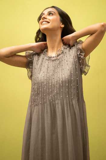 Vaani Beswal_Grey Cotton High Neck Birdsong Handwoven Maxi Dress _Online_at_Aza_Fashions