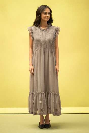 Buy_Vaani Beswal_Grey Cotton High Neck Birdsong Handwoven Maxi Dress _Online_at_Aza_Fashions