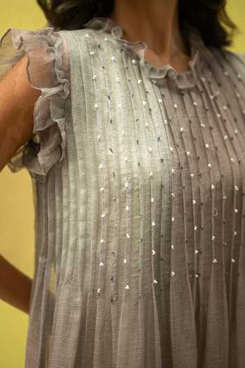 Shop_Vaani Beswal_Grey Cotton High Neck Birdsong Handwoven Maxi Dress _Online_at_Aza_Fashions