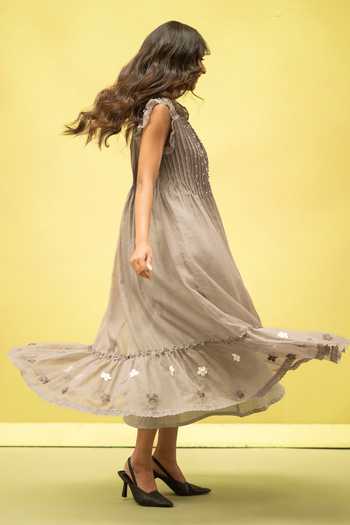 Vaani Beswal_Grey Cotton High Neck Birdsong Handwoven Maxi Dress _at_Aza_Fashions