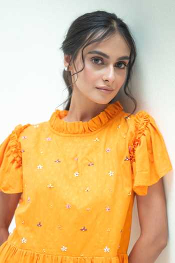 Vaani Beswal_Orange Cotton High Neck Vaara Handwoven Ruffled Tiered Dress _Online_at_Aza_Fashions