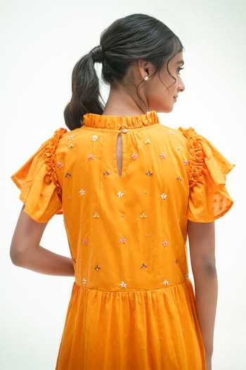 Buy_Vaani Beswal_Orange Cotton High Neck Vaara Handwoven Ruffled Tiered Dress _Online_at_Aza_Fashions