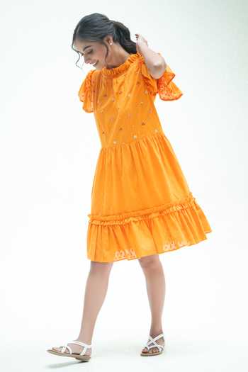 Shop_Vaani Beswal_Orange Cotton High Neck Vaara Handwoven Ruffled Tiered Dress _Online_at_Aza_Fashions