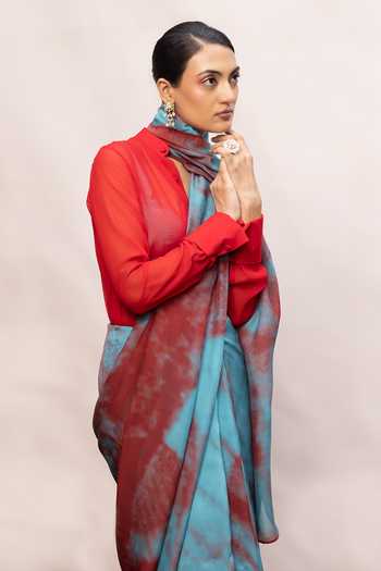 Ekaya Banaras_Blue Chiffon Stroke Print Saree With Running Blouse _Online_at_Aza_Fashions