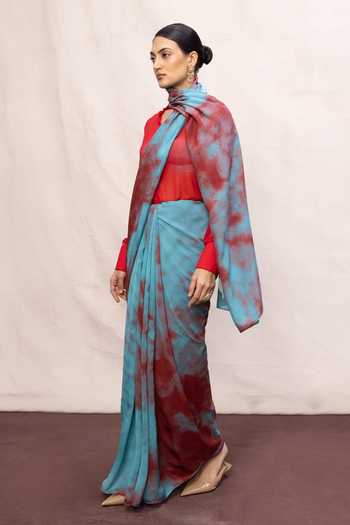 Buy_Ekaya Banaras_Blue Chiffon Stroke Print Saree With Running Blouse _Online_at_Aza_Fashions
