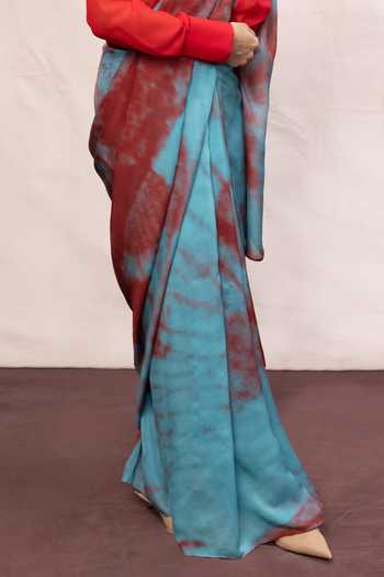 Shop_Ekaya Banaras_Blue Chiffon Stroke Print Saree With Running Blouse _Online_at_Aza_Fashions