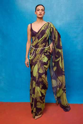 Ekaya Banaras Brush Stroke Print Saree With Running Blouse 