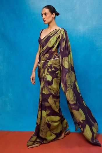 Ekaya Banaras Brush Stroke Print Saree With Running Blouse 