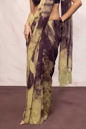 Buy_Ekaya Banaras_Green Chiffon Printed Saree With Running Blouse _Online_at_Aza_Fashions