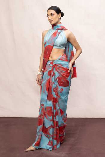 Ekaya Banaras_Blue Chiffon Abstract Pattern Saree With Running Blouse _Online_at_Aza_Fashions