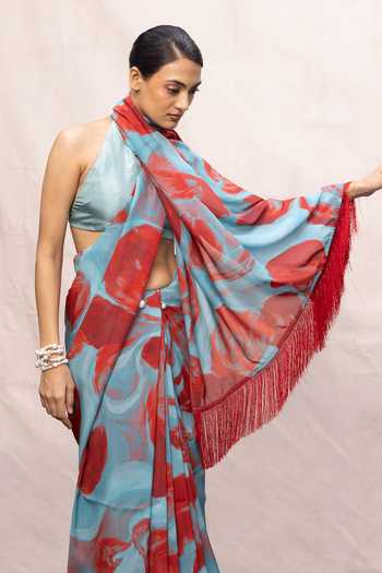 Buy_Ekaya Banaras_Blue Chiffon Abstract Pattern Saree With Running Blouse _Online_at_Aza_Fashions