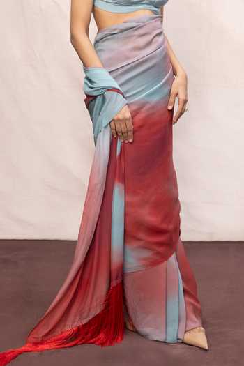 Buy_Ekaya Banaras_Blue Chiffon Printed Saree With Running Blouse _Online_at_Aza_Fashions