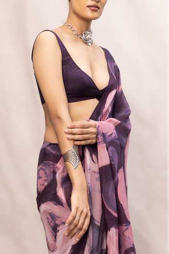 Ekaya Banaras_Pink Chiffon Stroke Pattern Saree With Running Blouse _Online_at_Aza_Fashions