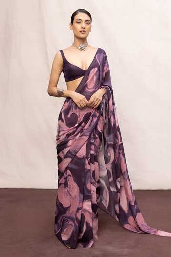 Buy_Ekaya Banaras_Pink Chiffon Stroke Pattern Saree With Running Blouse _Online_at_Aza_Fashions