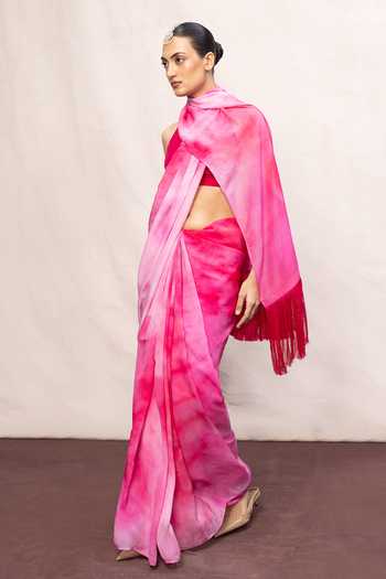 Ekaya Banaras_Pink Chiffon Printed Saree With Running Blouse _Online_at_Aza_Fashions