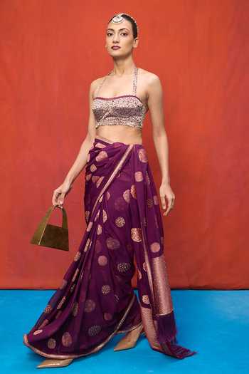 Ekaya Banaras_Wine Chiffon Handwoven Banarasi Saree With Running Blouse _Online_at_Aza_Fashions
