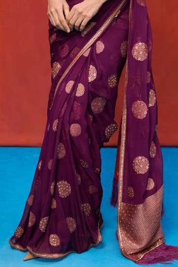 Buy_Ekaya Banaras_Wine Chiffon Handwoven Banarasi Saree With Running Blouse _Online_at_Aza_Fashions