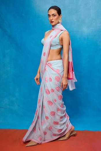 Ekaya Banaras_Blue Chiffon Handwoven Banarasi Saree With Running Blouse _Online_at_Aza_Fashions
