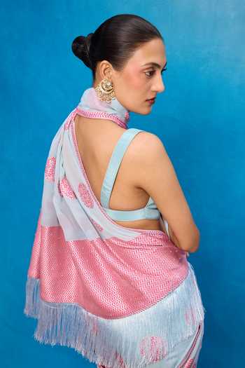 Buy_Ekaya Banaras_Blue Chiffon Handwoven Banarasi Saree With Running Blouse _Online_at_Aza_Fashions