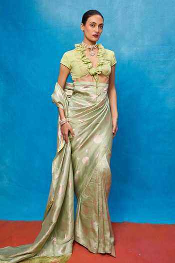 Ekaya Banaras Pistachio Green Chiffon Saree With Running Blouse 
