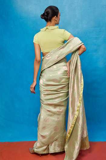 Ekaya Banaras Pistachio Green Chiffon Saree With Running Blouse 