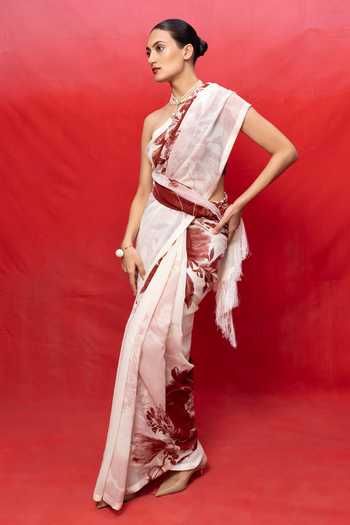 Buy_Ekaya Banaras_Cream Georgette Floral Print Saree With Running Blouse _Online_at_Aza_Fashions