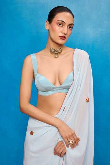 Ekaya Banaras_Sky Blue Georgette Embroidered Saree With Blouse _Online_at_Aza_Fashions