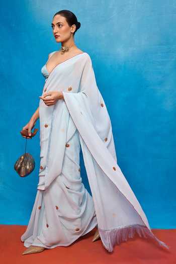 Buy_Ekaya Banaras_Sky Blue Georgette Embroidered Saree With Blouse _Online_at_Aza_Fashions