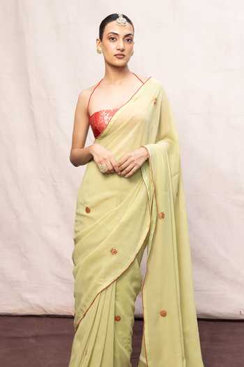 Ekaya Banaras_Green Georgette Floral Embroidered Saree With Running Blouse _Online_at_Aza_Fashions