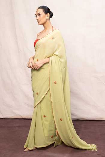Buy_Ekaya Banaras_Green Georgette Floral Embroidered Saree With Running Blouse _Online_at_Aza_Fashions