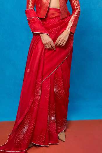 Ekaya Banaras_Red Placement Embroidered Saree With Running Blouse _Online_at_Aza_Fashions