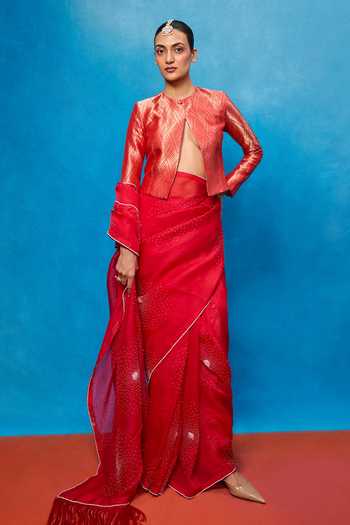 Buy_Ekaya Banaras_Red Placement Embroidered Saree With Running Blouse _Online_at_Aza_Fashions